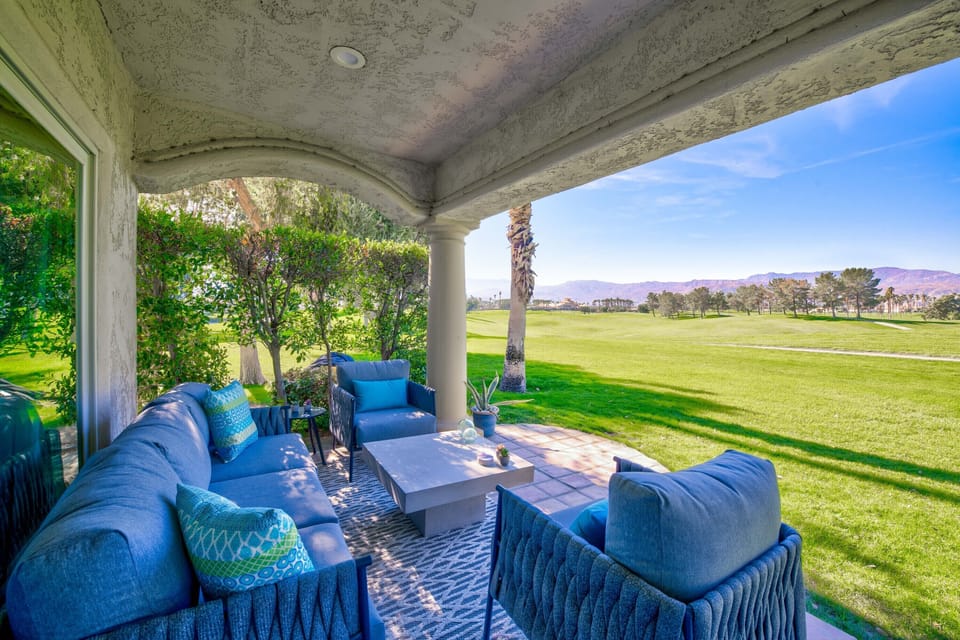 west-facing patio with stunning views of golf course and mountains 