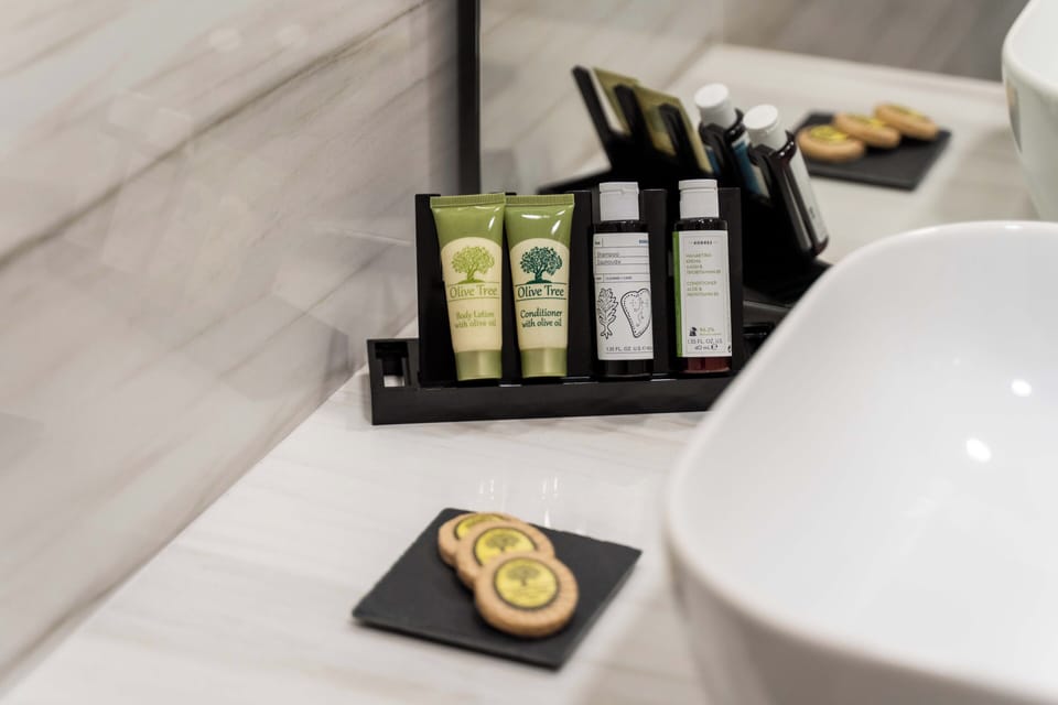 Shower, rainfall showerhead, hair dryer, bathrobes