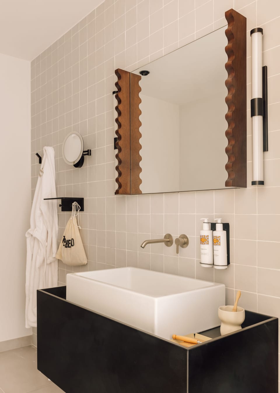 Shower, rainfall showerhead, designer toiletries, hair dryer