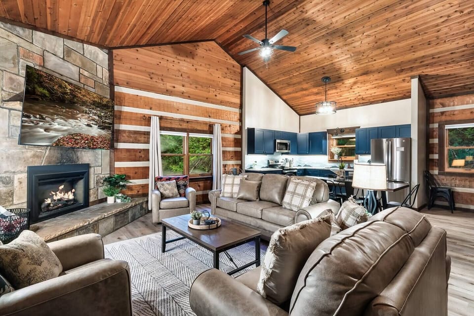 Unwind by the stone fireplace, available October through March.