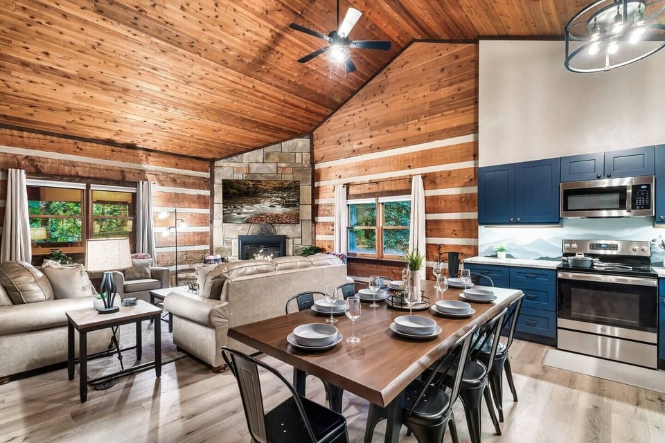 The dining and living area offer an open, homey feeling.