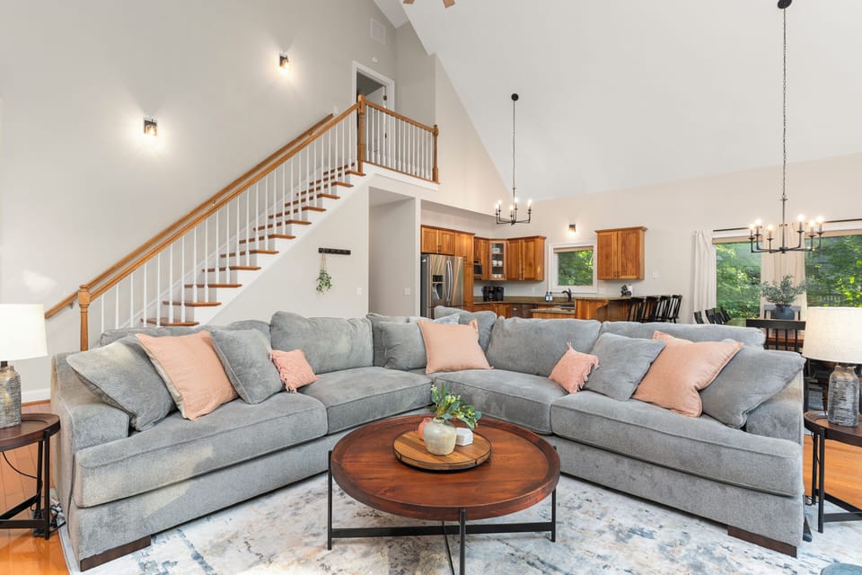 Another view of great room.  Stairs lead to kid bunk room.