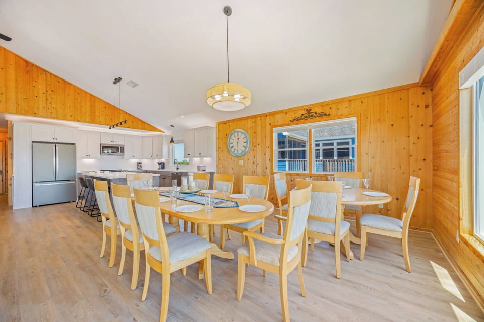 Gather around warm pine walls and spacious dining tables where your group can share meals together, with a fully-equipped kitchen ready for all your culinary adventures.