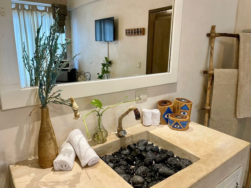 Shower, rainfall showerhead, towels