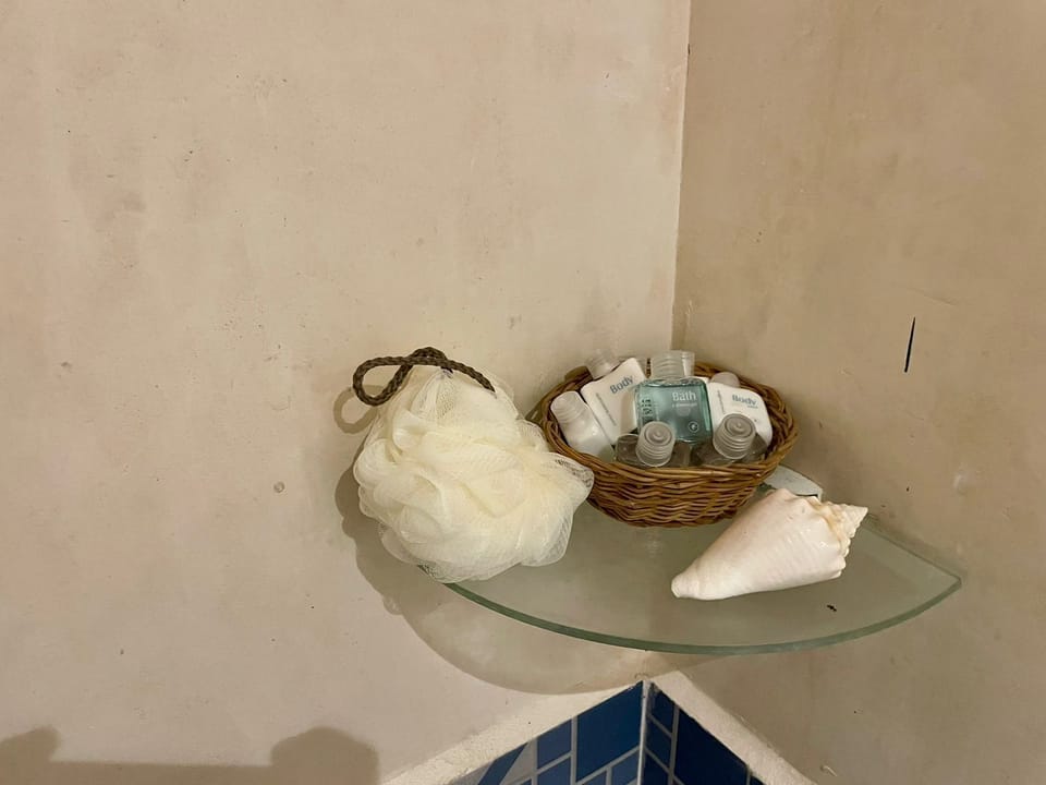 Shower, rainfall showerhead, towels
