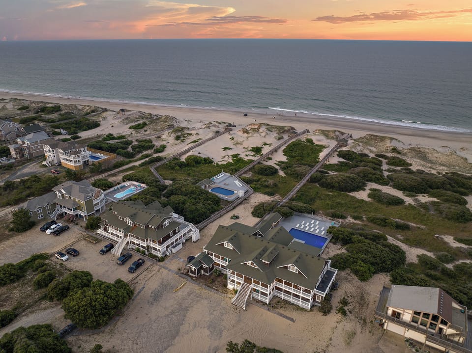 Aerial View — The Mark Twain Estate on 6 Private Oceanfront Acres | Beach Ceremony Space & Estate Grounds | Corolla 4x4