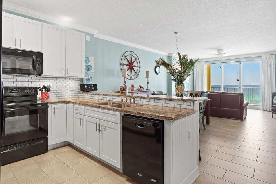Spacious kitchen countertop.