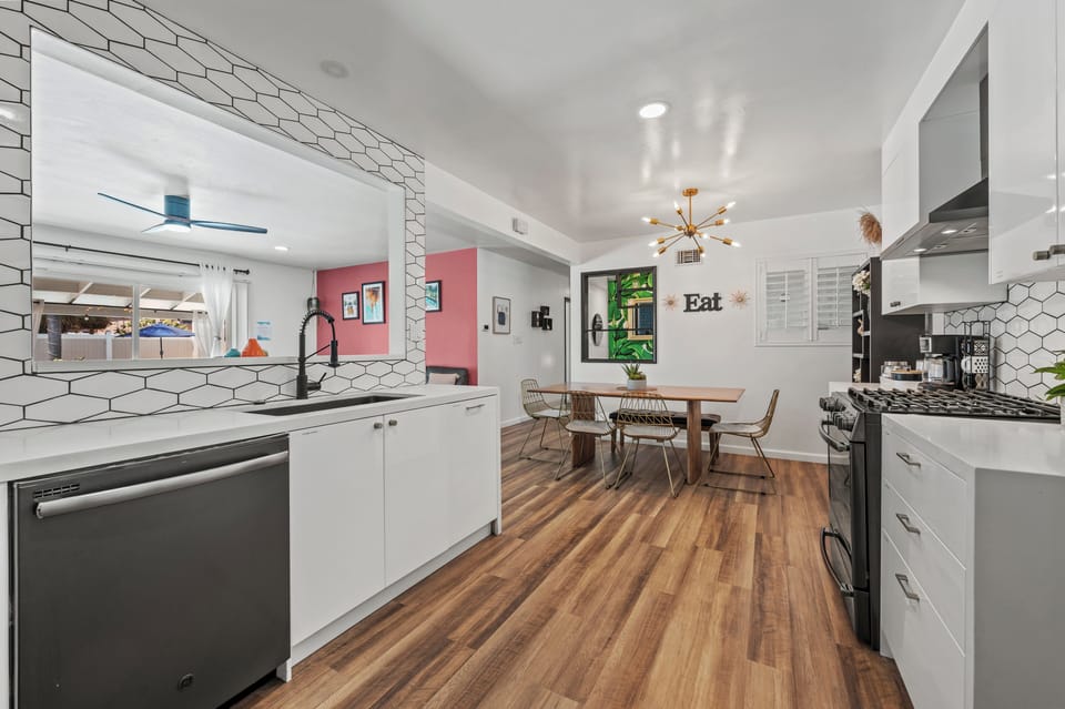 Stainless steel appliances are a mainstay of this kitchen