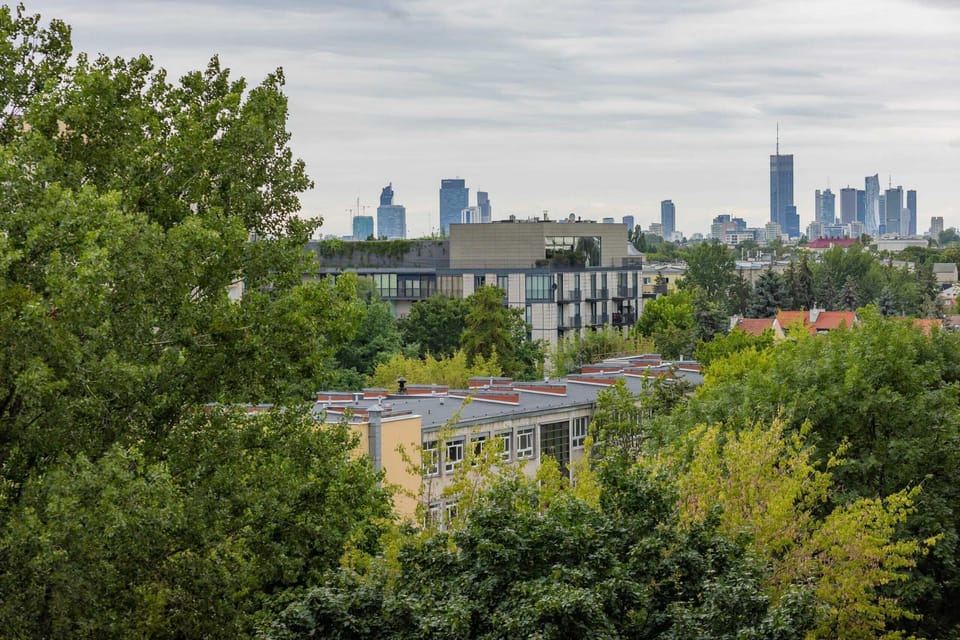 A scenic view of the city skyline framed by greenery, showcasing the apartment’s proximity to urban attractions.

