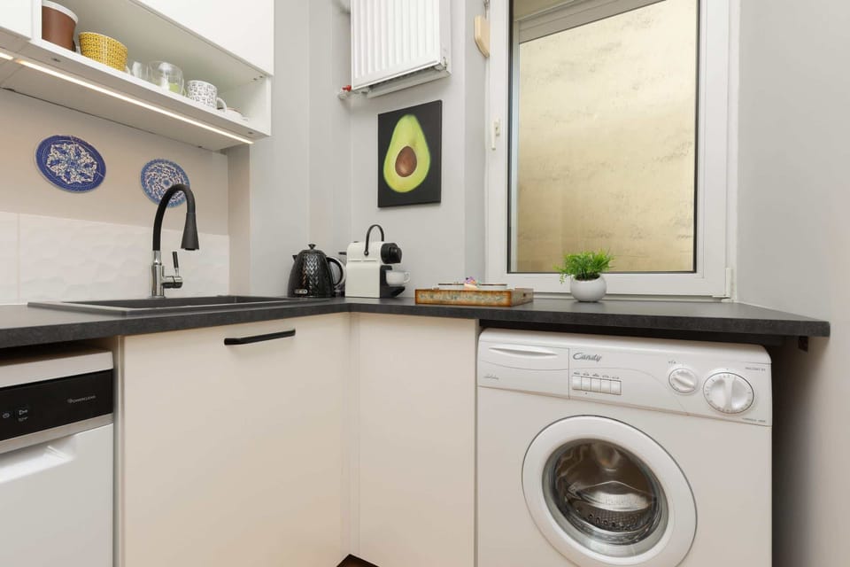 A compact kitchenette equipped with a sink, washing machine, and open shelving, combining style and functionality.

