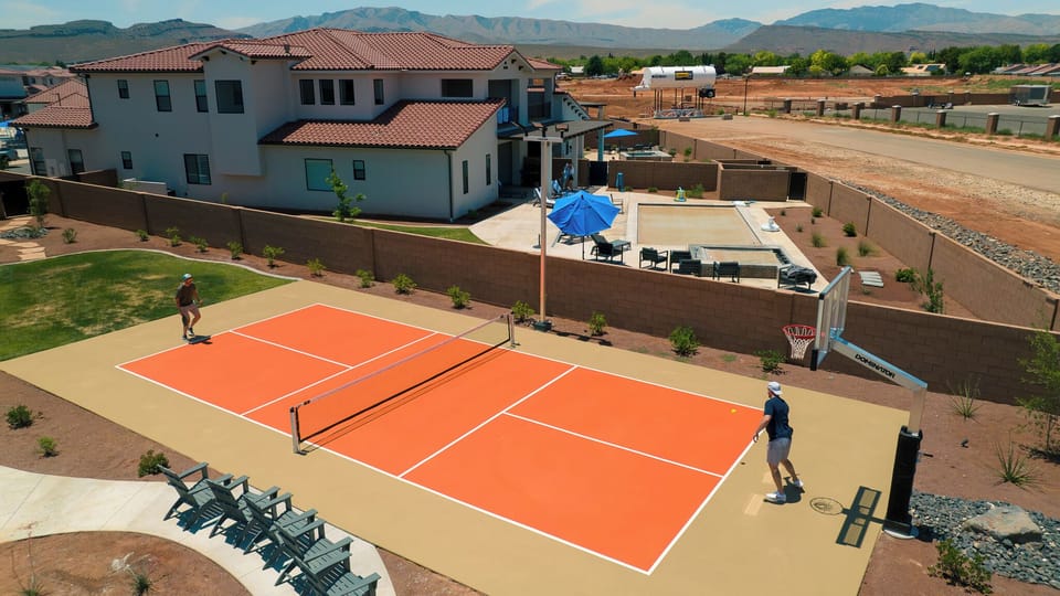 Play pickleball all day long on your private poolside pickleball court