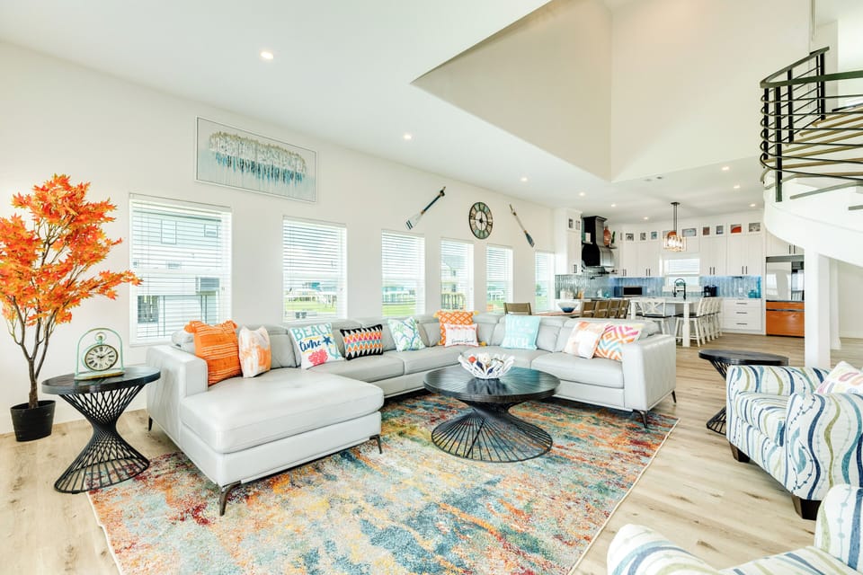 Bright and airy open living area with pops of color