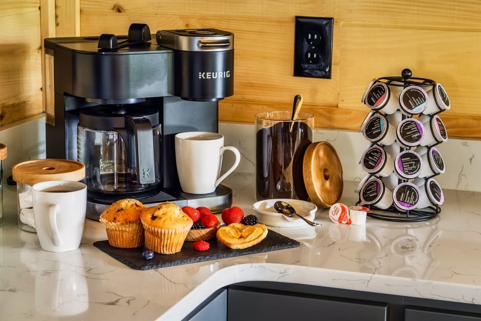 Everything you need is here to get your day started with a cup of Joe.  Don't forget to enjoy your coffee outside on one of our many decks.
