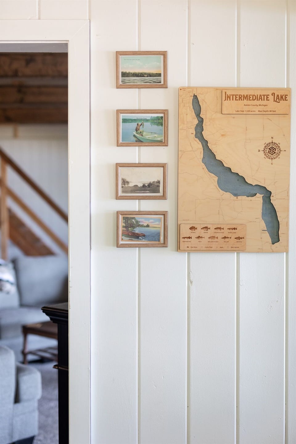 In the dining room, you will find vintage postcards sent from years past from other vacationers on Intermediate Lake!
