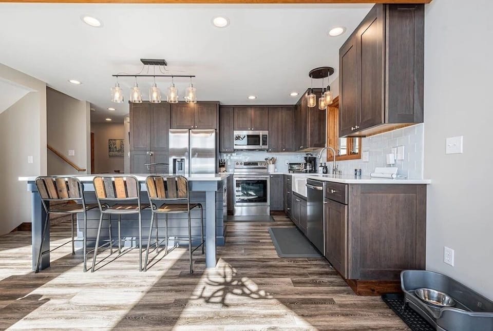 View into kitchen from open living space