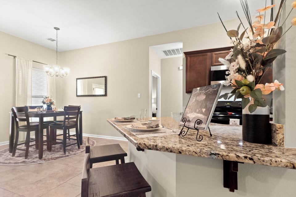 Want to eat at the counter? No problem! There's a kitchen island for that. And we've got a regular coffee maker and a Keurig, so you can have your coffee your way.