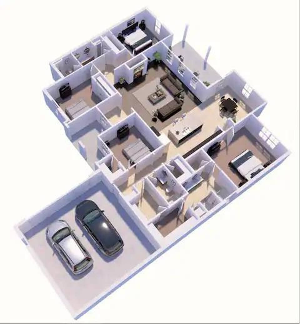 3-D Matterhorn camera allows you to see floorplan of the entire residence. The living area and kitchen resemble more of an open floorplan, while the bedrooms feel more private and secluded. A Rent It Like A Saint Property