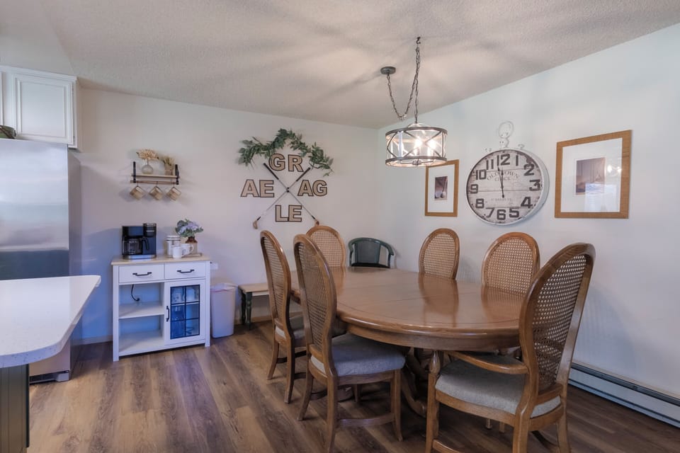 Warm dining area and a charming coffee station