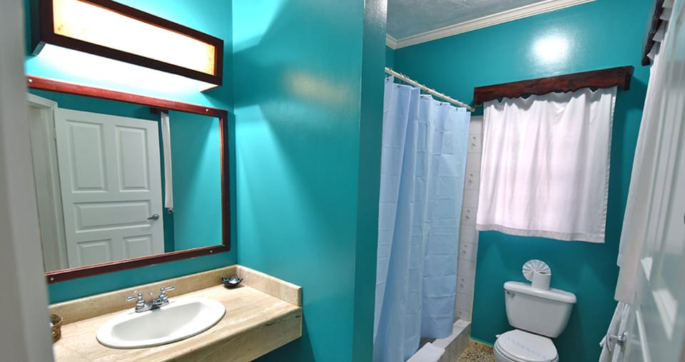 Bathroom | Shower, rainfall showerhead, hair dryer, towels