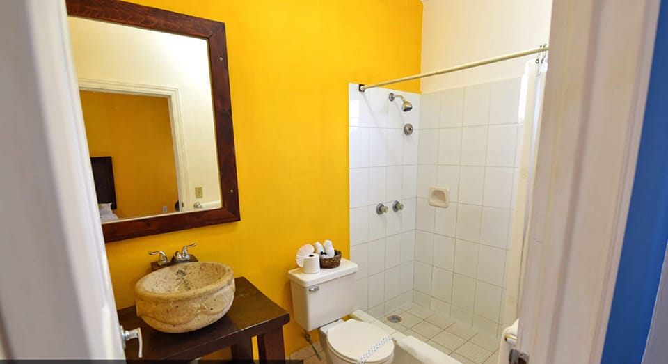 Shower, rainfall showerhead, hair dryer, towels