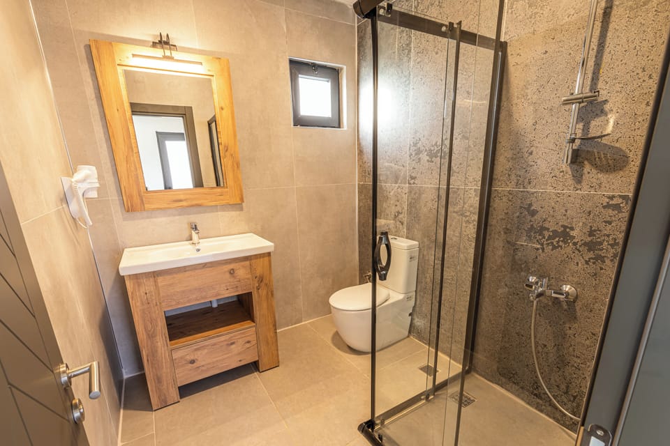 Shower, free toiletries, hair dryer, slippers