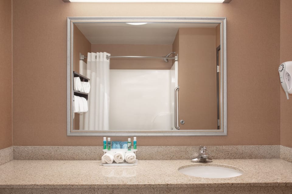 Combined shower/tub, free toiletries, hair dryer, towels