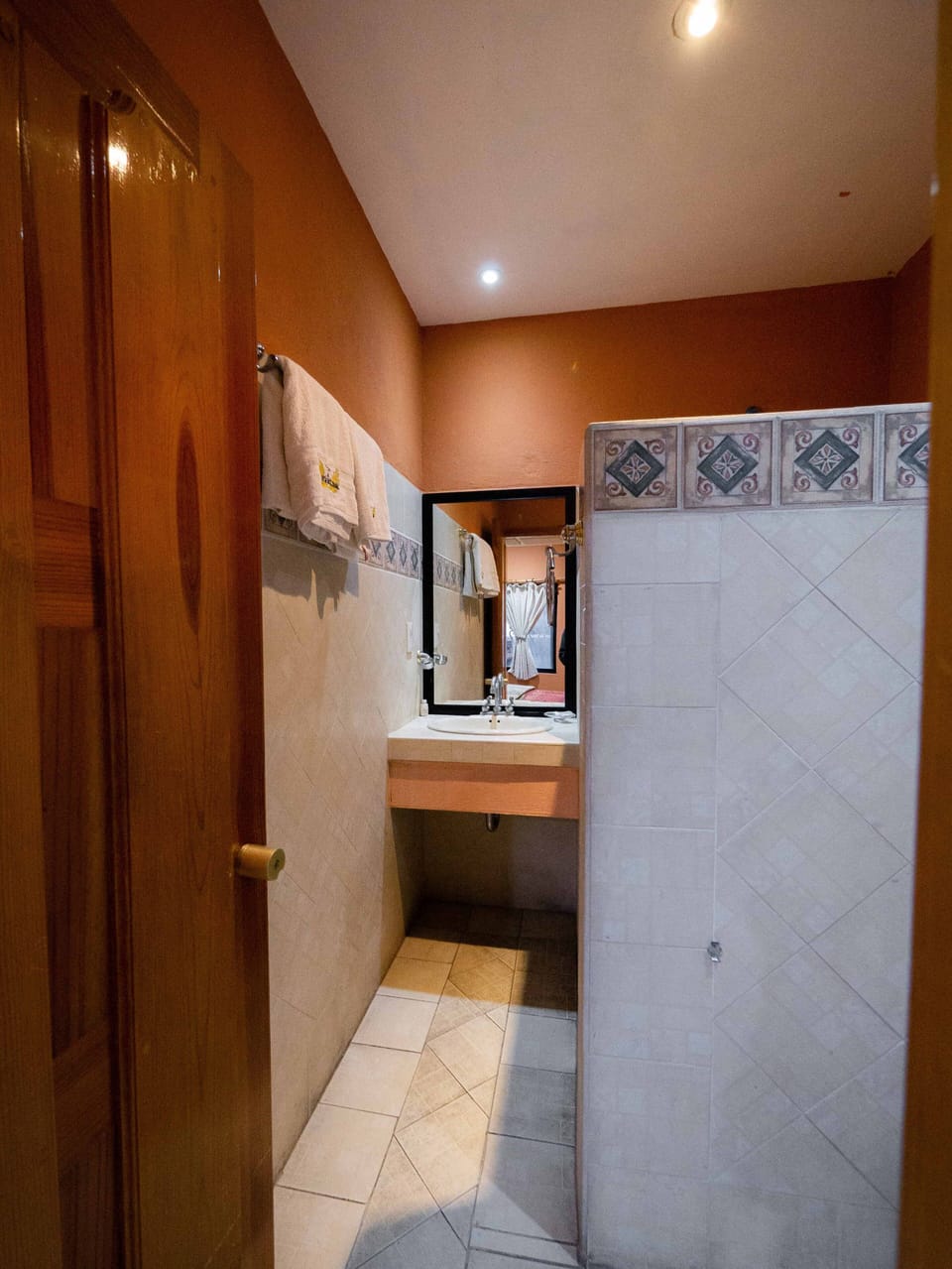 Shower, rainfall showerhead, towels