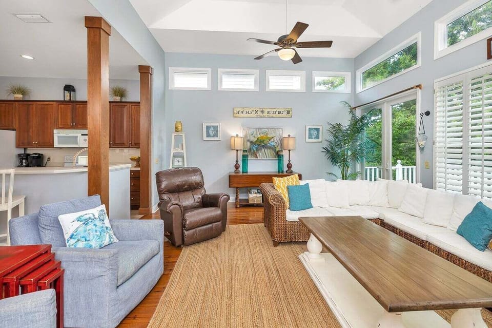 Open-concept living space with access to kitchen