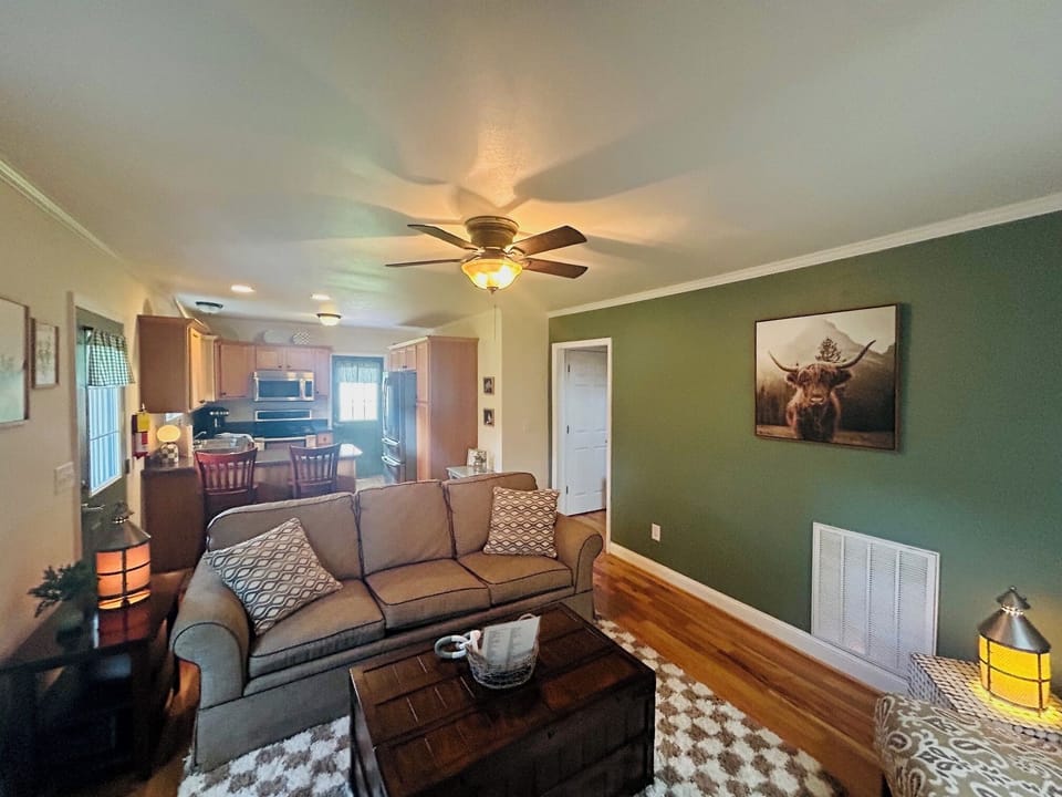 Flat-screen TV, fireplace