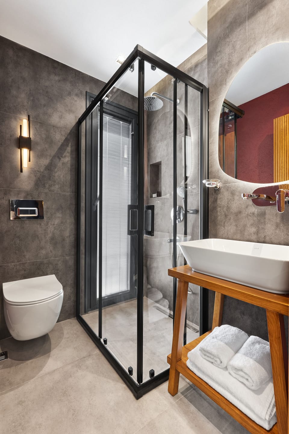 Shower, hair dryer, slippers, towels