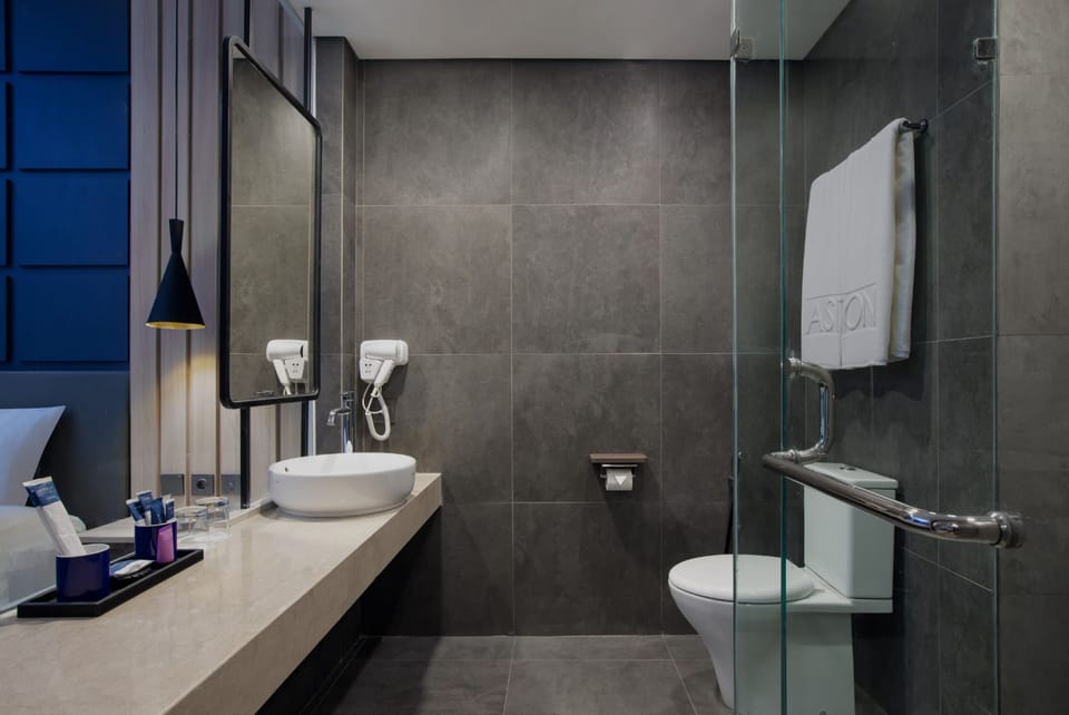 Shower, hair dryer, towels
