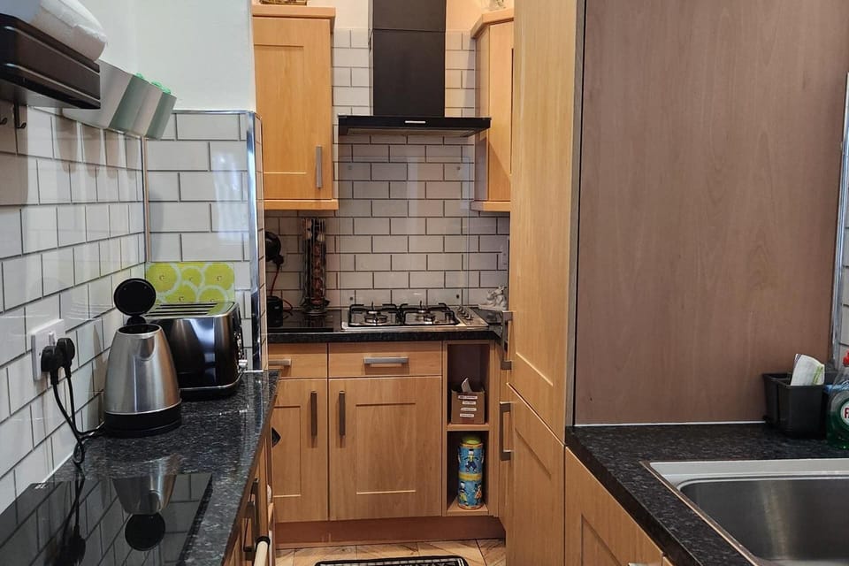 Fridge, microwave, stovetop, electric kettle