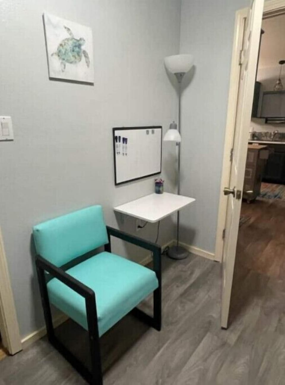 Desk with hand, painted leather chair