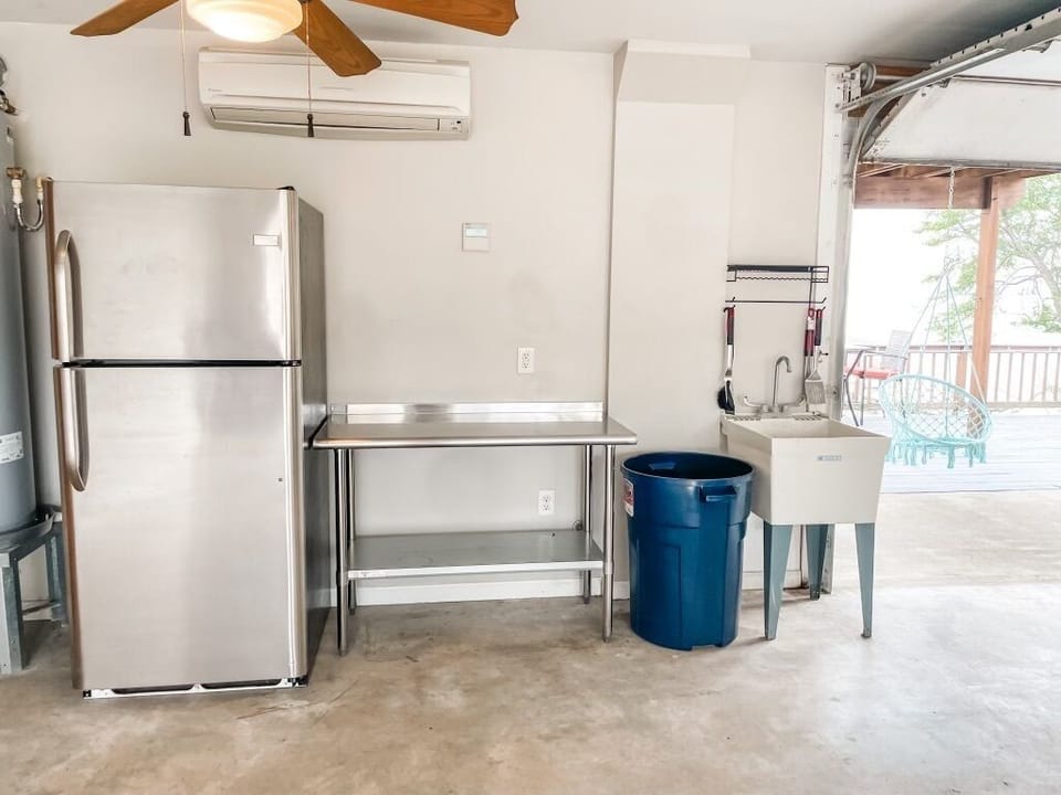 Downstairs refrigerator and food prep area