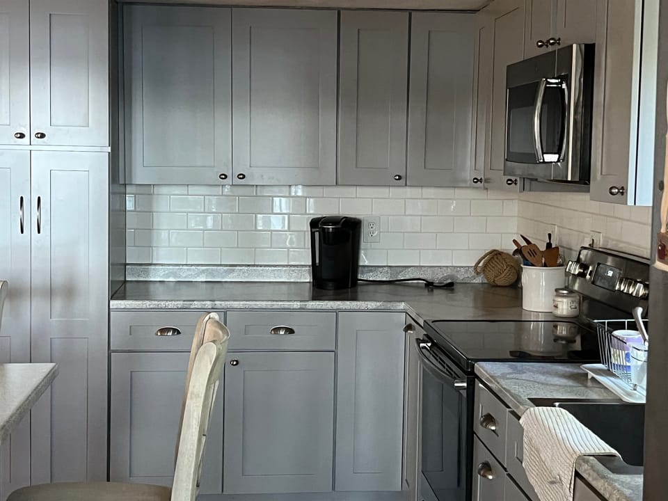 Modern, well-stocked kitchen.