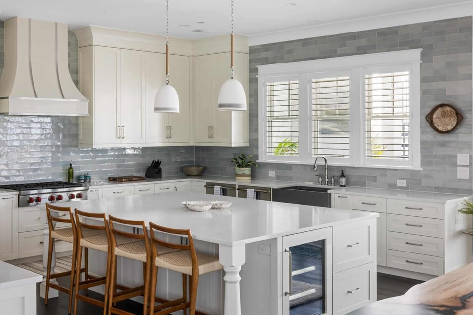 Gourmet Chef's Kitchen with Massive Kitchen Island, Quartz Countertops, Gas Stove and Hood, Beer/Wine Fridge, 2 Dishwashers