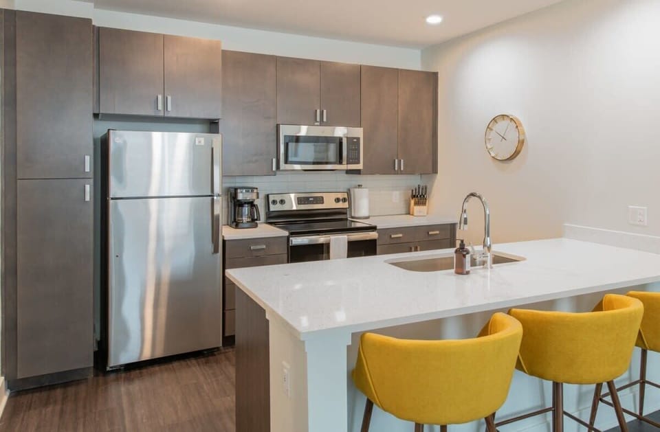 Deluxe Apartment | Private kitchen | Fridge, microwave, oven, stovetop