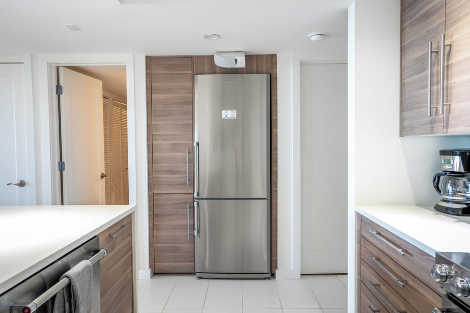 Our large stainless fridge over freezer.