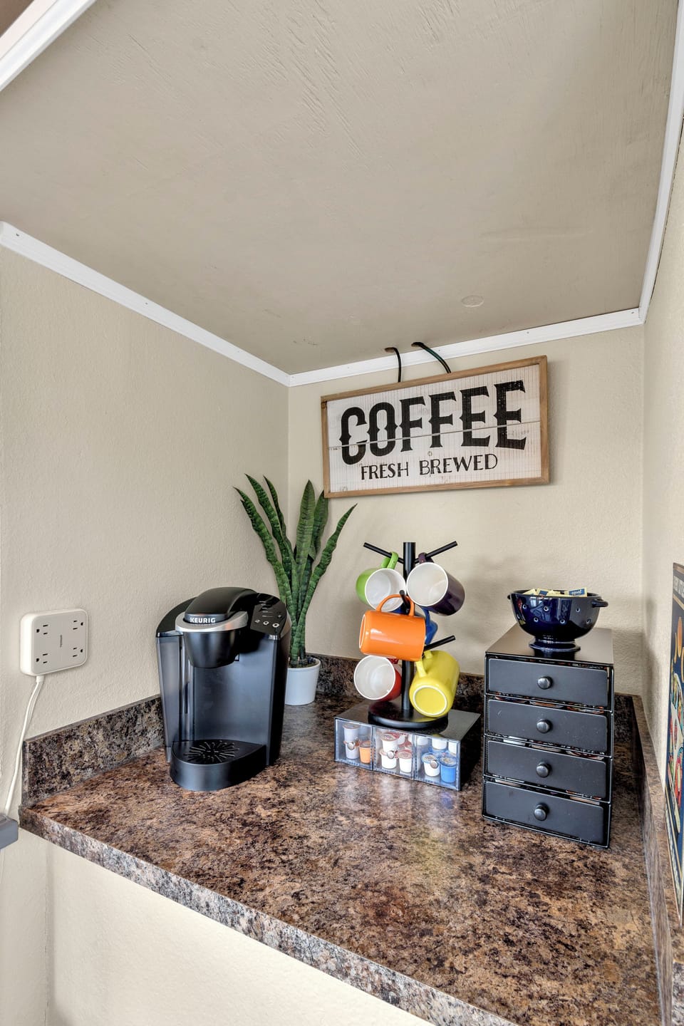 Treat yourself to freshly brewed coffee or tea and ease into your morning.