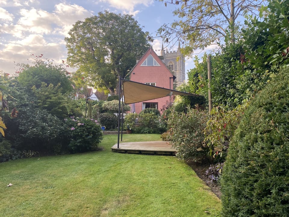 View of The Tallow Factory and St Mary's Church from the bottom of the garden
