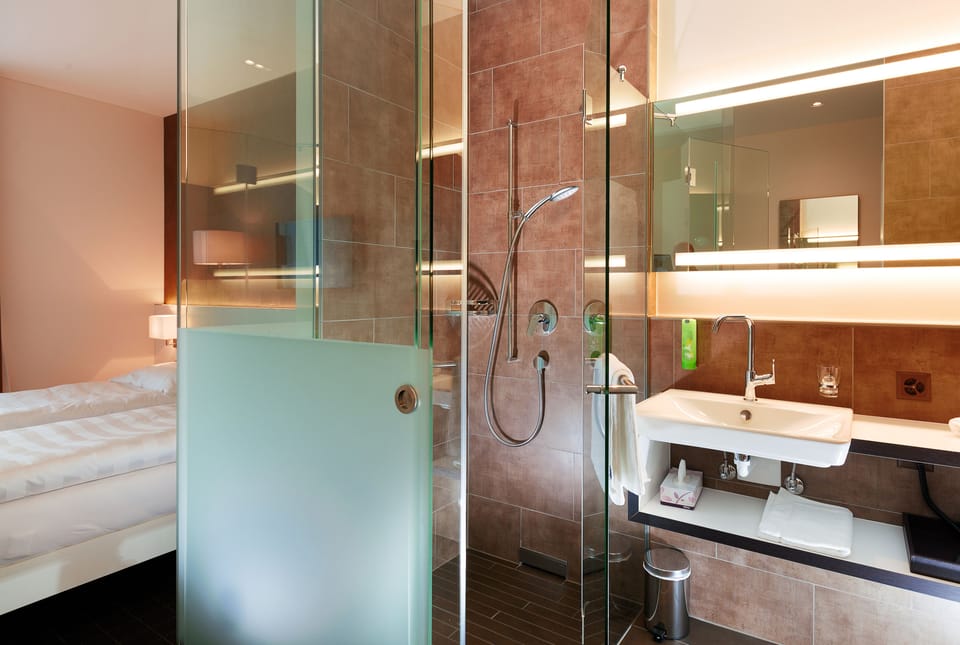 Shower, free toiletries, hair dryer, towels