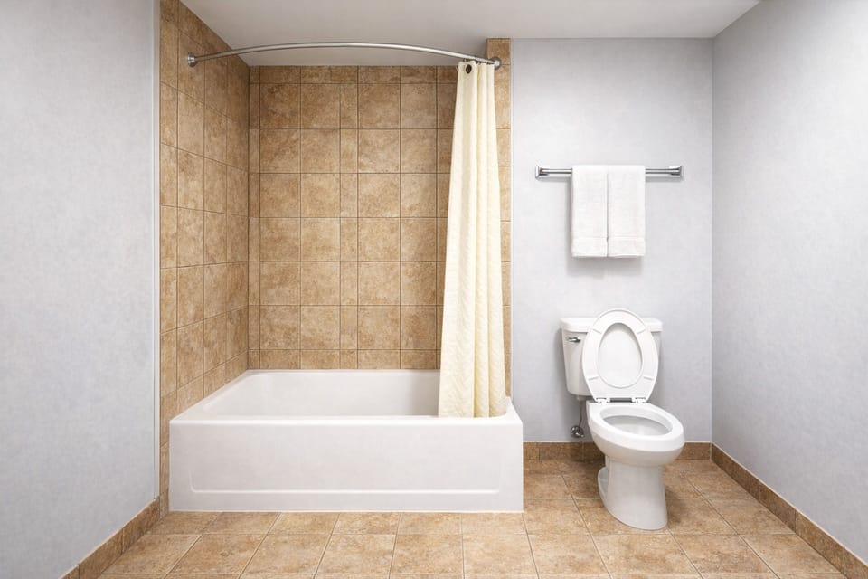 Separate tub and shower, free toiletries, hair dryer, towels
