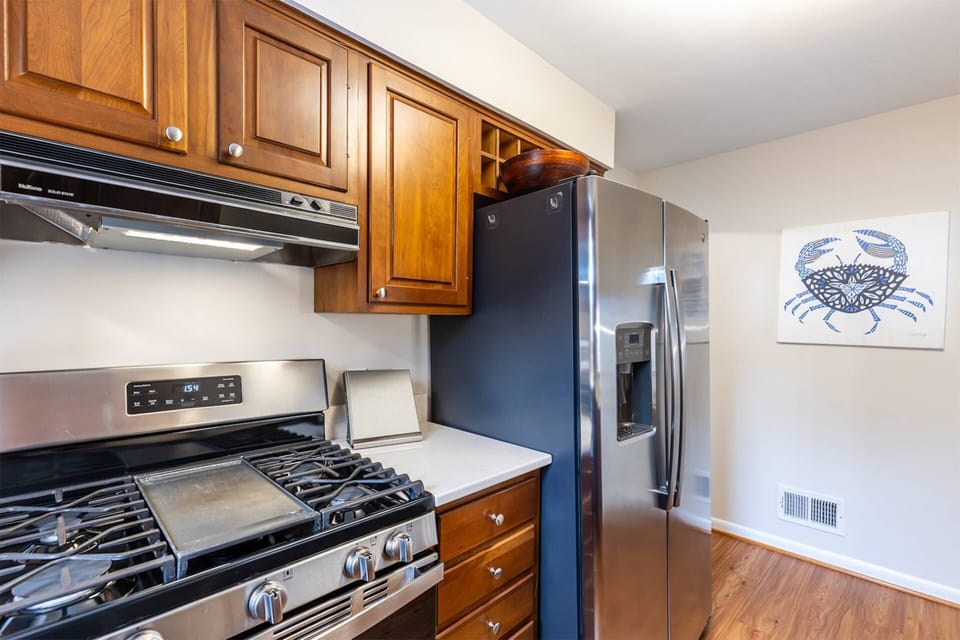 A view of the cooktop's multi-gas range and high-end refrigerator.