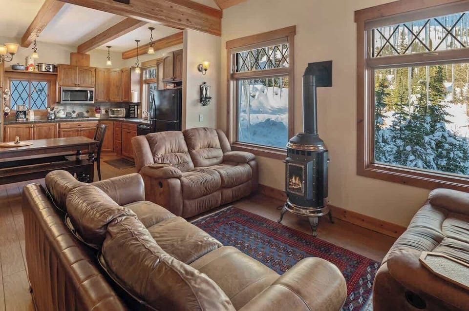 Relaxing and informal great room with fireplace.