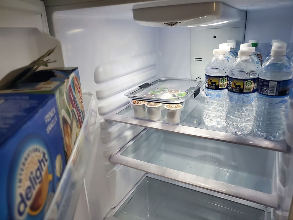 K-cups, creamers, and water are stocked 8n the fridge. Enjoy!