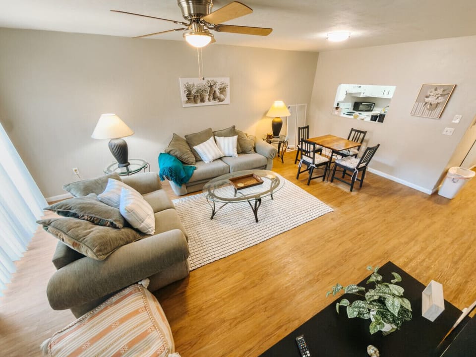 Open plan living and dining area- large screen TV