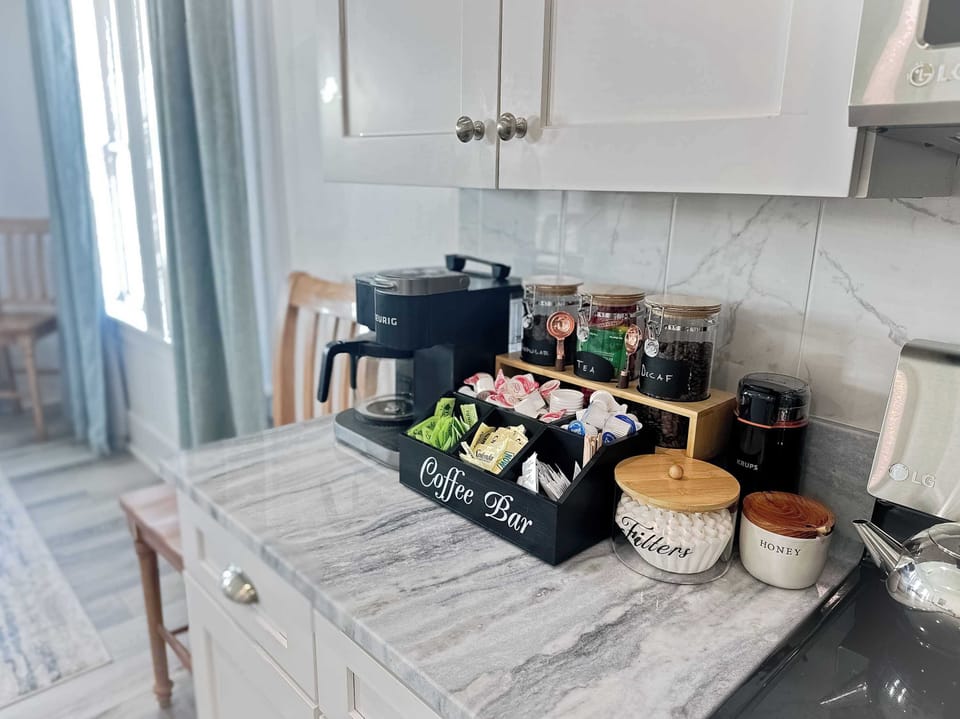 ORDER FOR RACHAELE - skip the line at the barista and enjoy your coffee at home!  We've got whole bean coffee (decaf and regular) plus an assortment of hot tea and all the fixings you could need to have a fresh cup of Joe from the balcony.