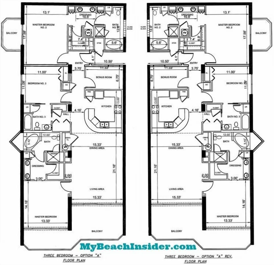 Detailed floor plans showcase your spacious three-bedroom layout with master suites, full kitchens, and private balconies.