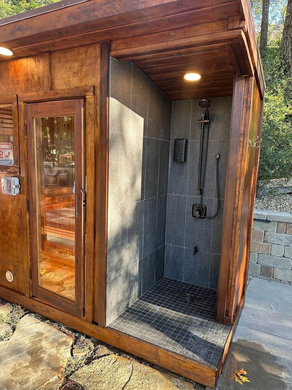 A private sauna provides the perfect place for deep relaxation, while the outdoor shower offers a refreshing way to rinse off before and after a swim or soak. 