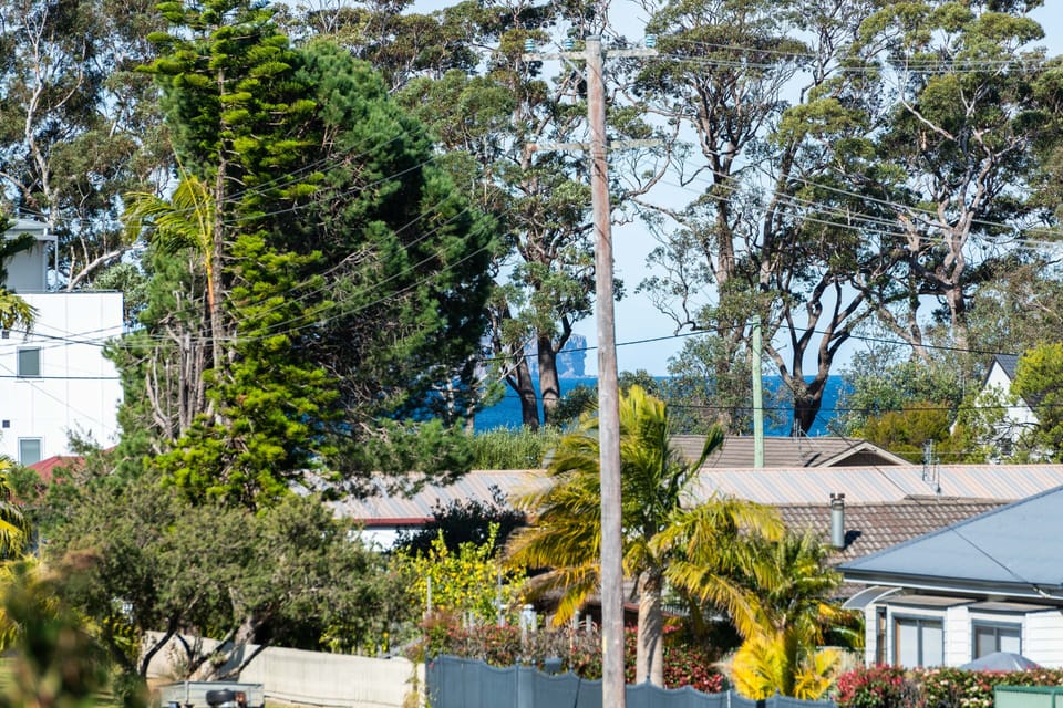 Street view to beach,  Point Perpendicular and Lighthouse (zoomed in)